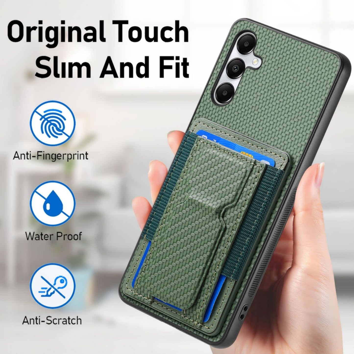 Samsung Galaxy A05s Carbon Fiber Fold Stand Elastic Card Bag Phone Case with Multi-Functional Wallet