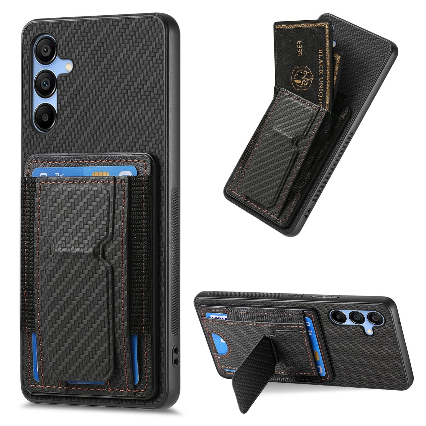 Samsung Galaxy A25 Carbon Fiber Fold Stand Elastic Card Bag Phone Case with Multi-Functional Wallet