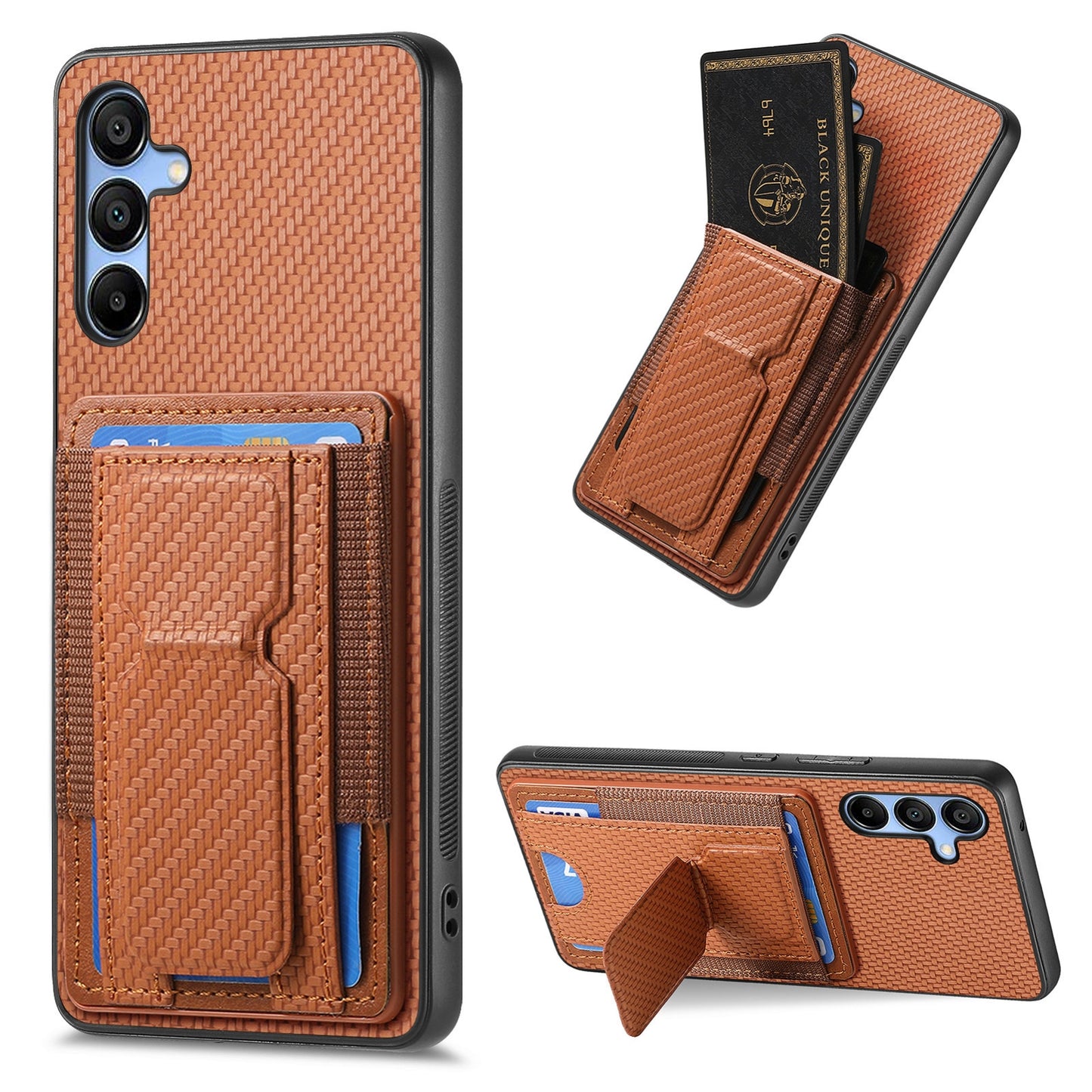 Samsung Galaxy A25 Carbon Fiber Fold Stand Elastic Card Bag Phone Case with Multi-Functional Wallet