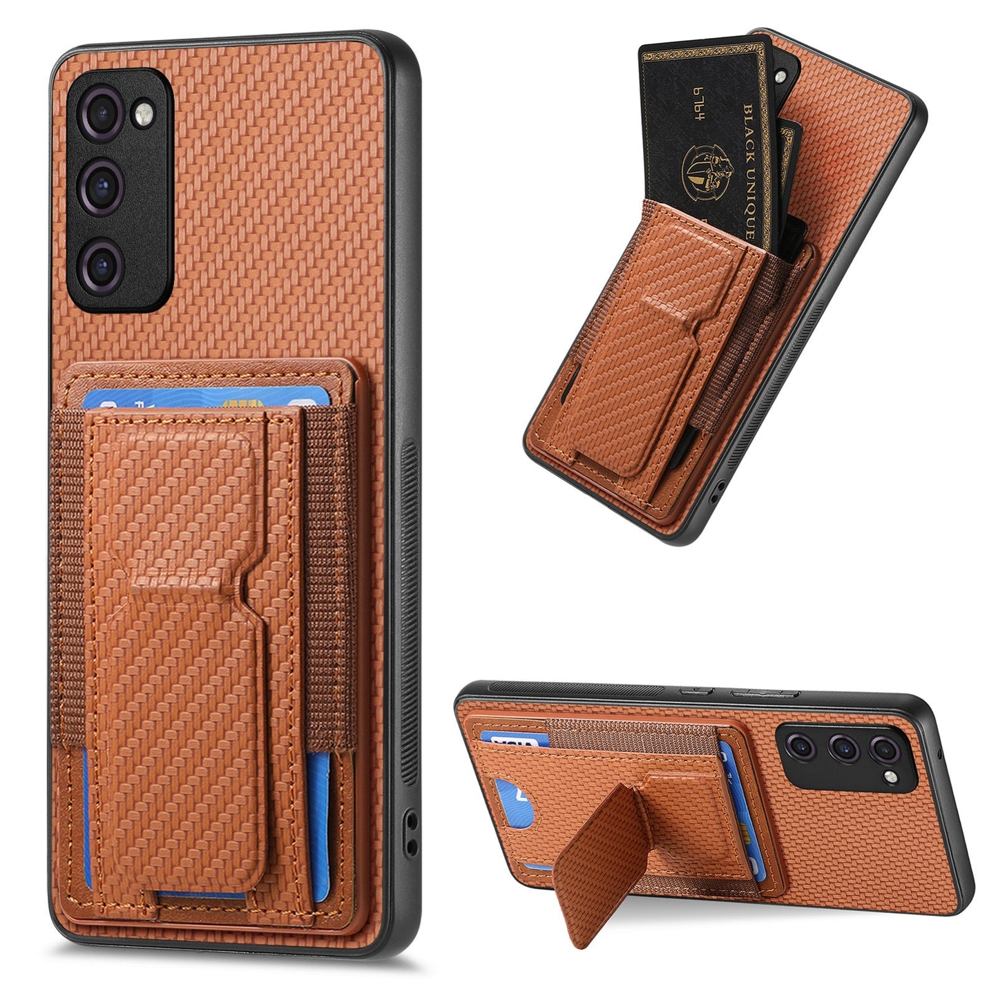 Samsung Galaxy S23 FE 5G Carbon Fiber Fold Stand Elastic Card Bag Phone Case with Multi-Functional Wallet