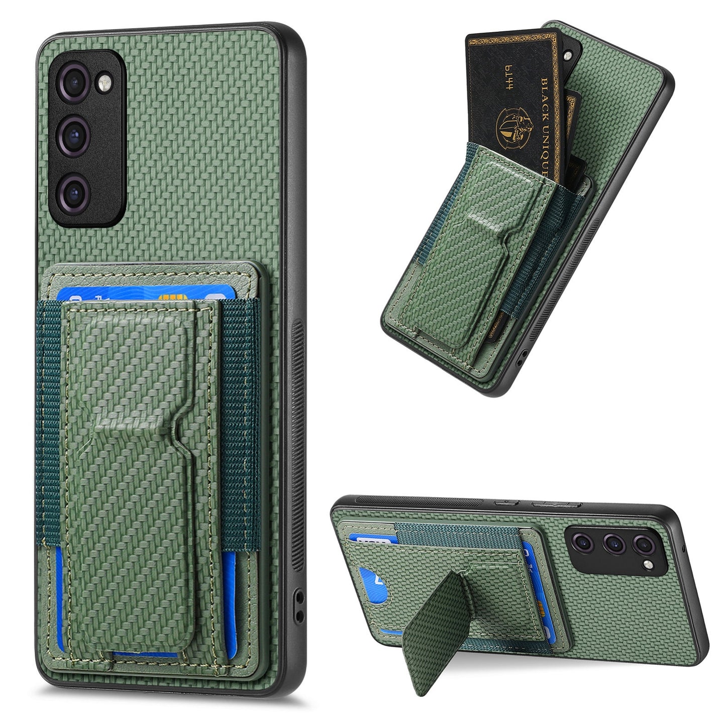 Samsung Galaxy S23 FE 5G Carbon Fiber Fold Stand Elastic Card Bag Phone Case with Multi-Functional Wallet