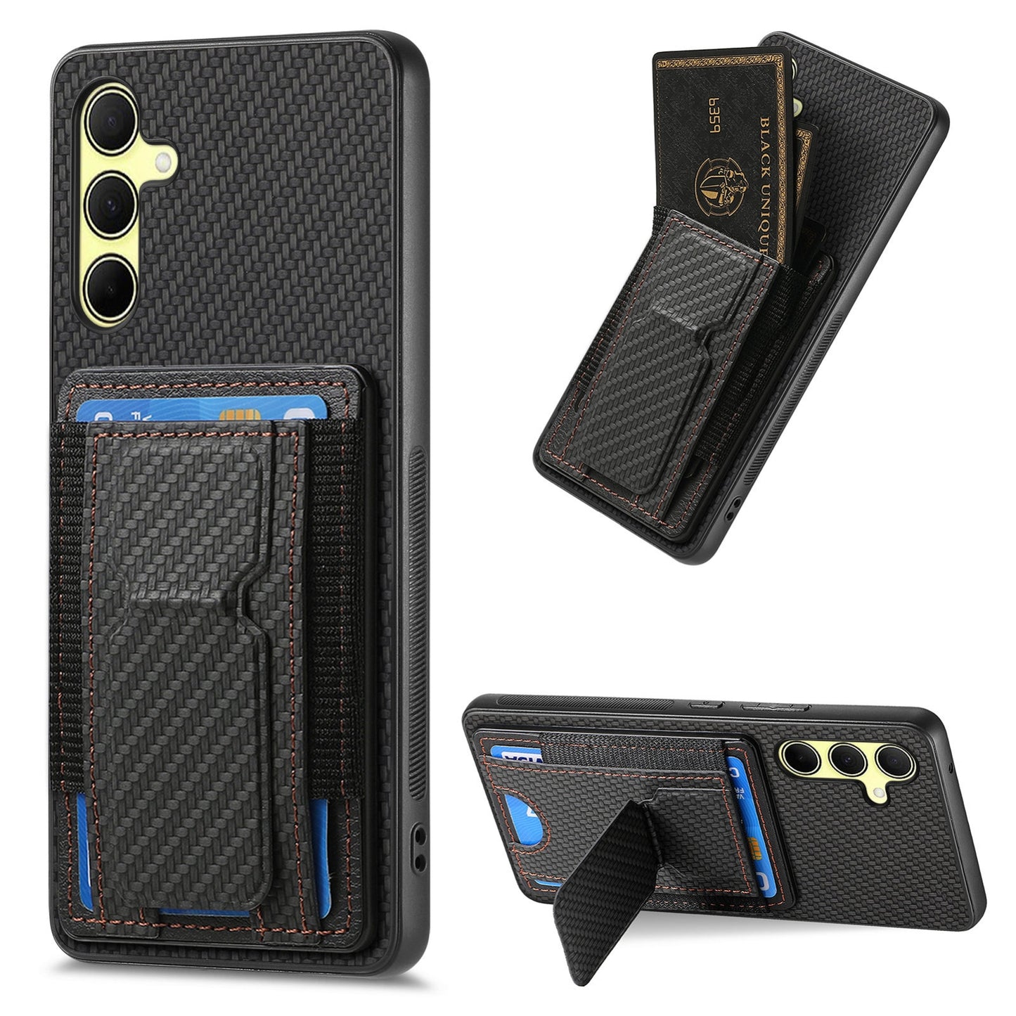 Samsung Galaxy A34 5G Carbon Fiber Fold Stand Elastic Card Bag Phone Case with Multi-Functional Wallet