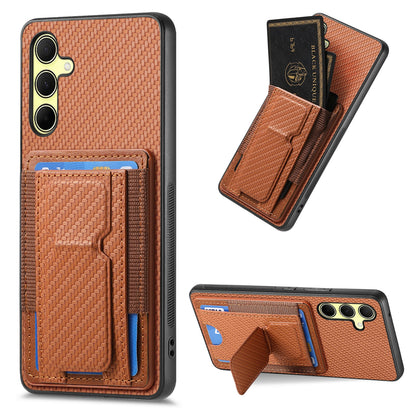 Samsung Galaxy A34 5G Carbon Fiber Fold Stand Elastic Card Bag Phone Case with Multi-Functional Wallet