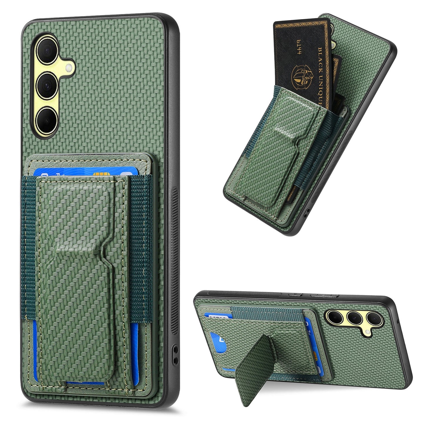 Samsung Galaxy A34 5G Carbon Fiber Fold Stand Elastic Card Bag Phone Case with Multi-Functional Wallet