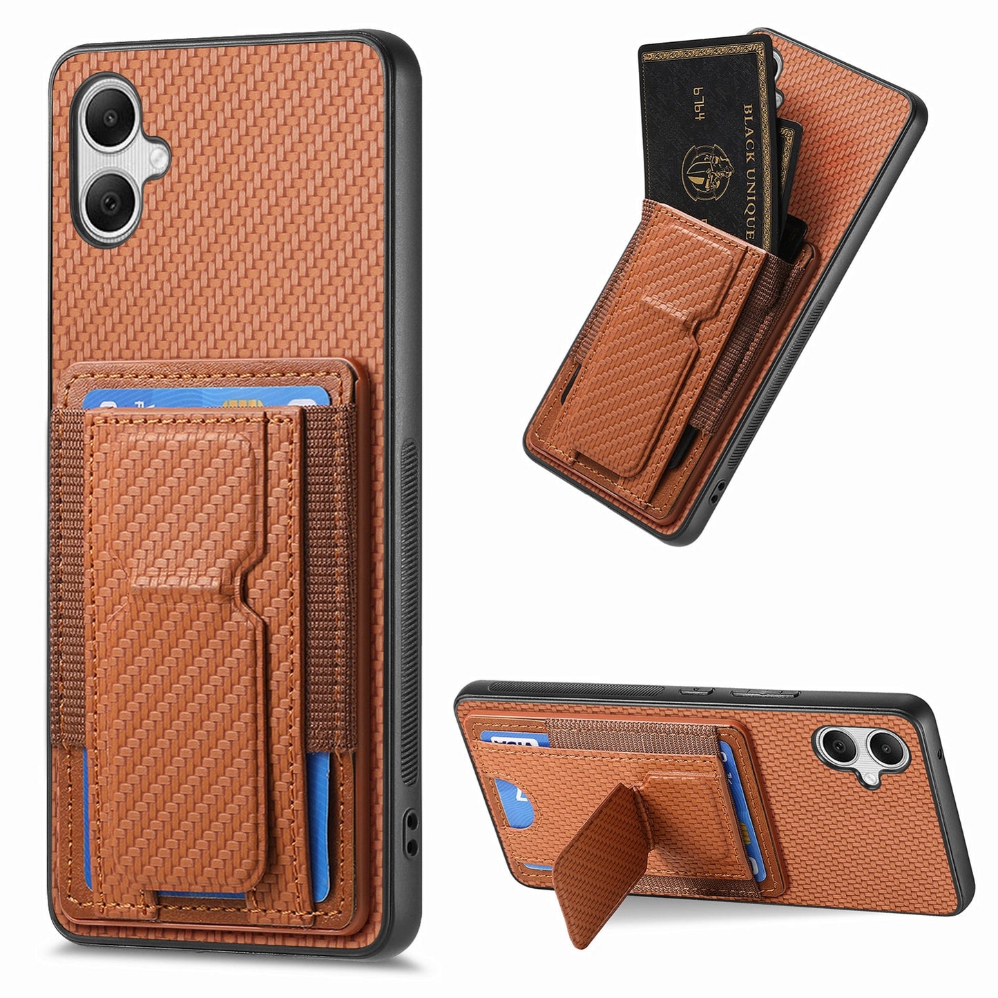 Samsung Galaxy A04e Carbon Fiber Fold Stand Elastic Card Bag Phone Case with Multi-Functional Wallet