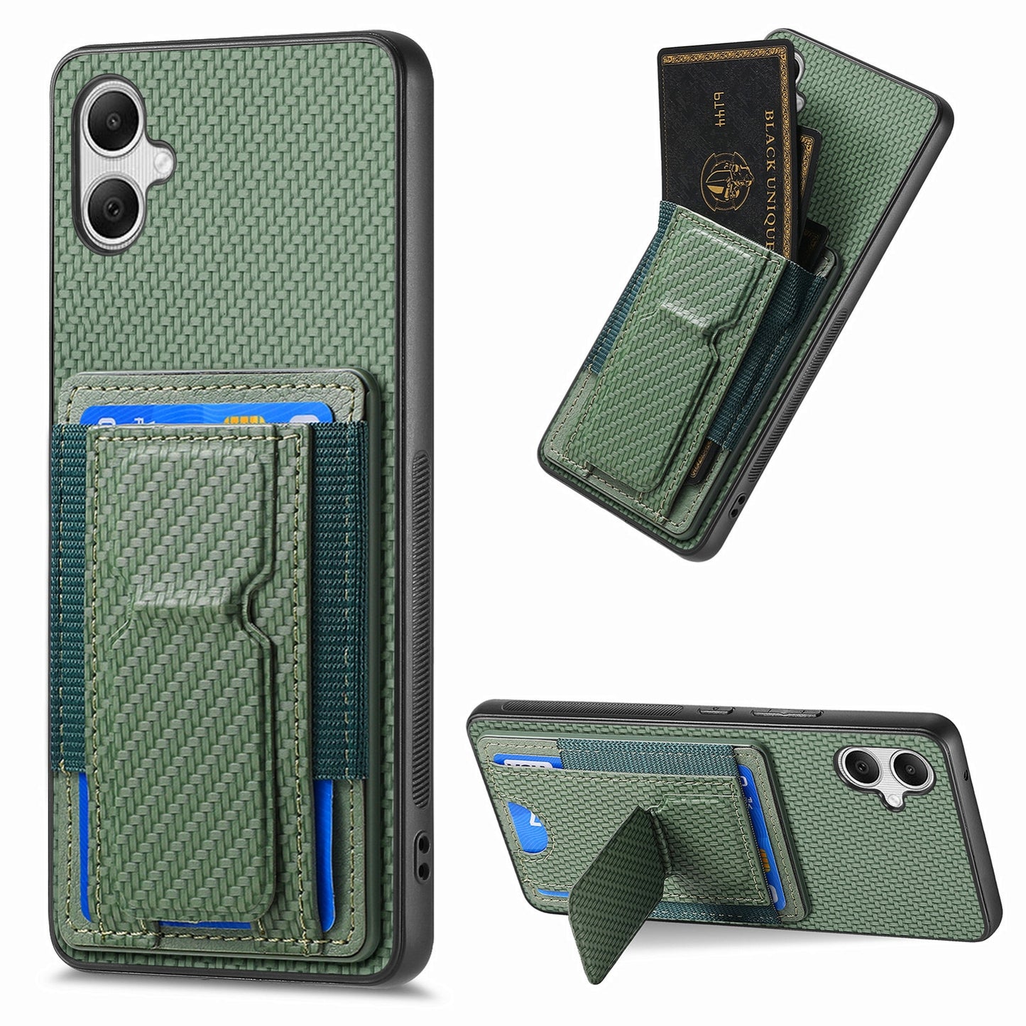 Samsung Galaxy A04e Carbon Fiber Fold Stand Elastic Card Bag Phone Case with Multi-Functional Wallet