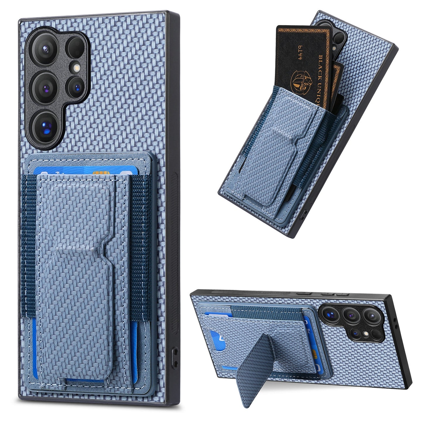 Samsung Galaxy S23 Ultra 5G Carbon Fiber Fold Stand Elastic Card Bag Phone Case with Multi-Functional Wallet