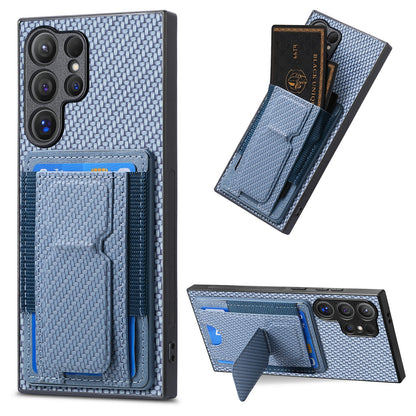Samsung Galaxy S23 Ultra 5G Carbon Fiber Fold Stand Elastic Card Bag Phone Case with Multi-Functional Wallet