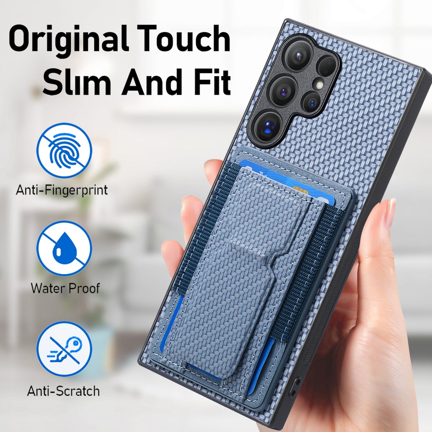 Samsung Galaxy S23 Ultra 5G Carbon Fiber Fold Stand Elastic Card Bag Phone Case with Multi-Functional Wallet