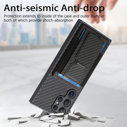 Samsung Galaxy S23 Ultra 5G Carbon Fiber Fold Stand Elastic Card Bag Phone Case with Multi-Functional Wallet