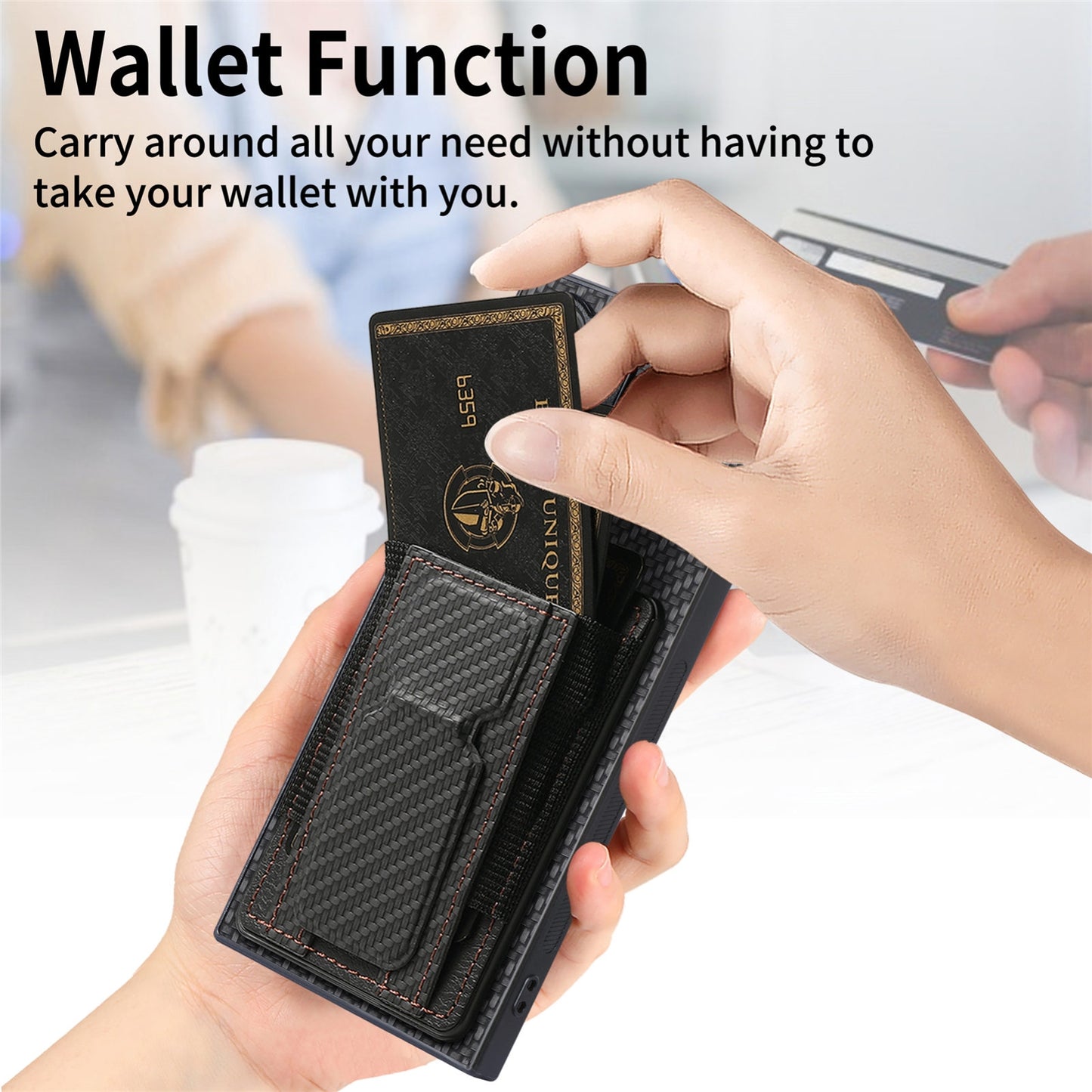 Samsung Galaxy S23 Ultra 5G Carbon Fiber Fold Stand Elastic Card Bag Phone Case with Multi-Functional Wallet