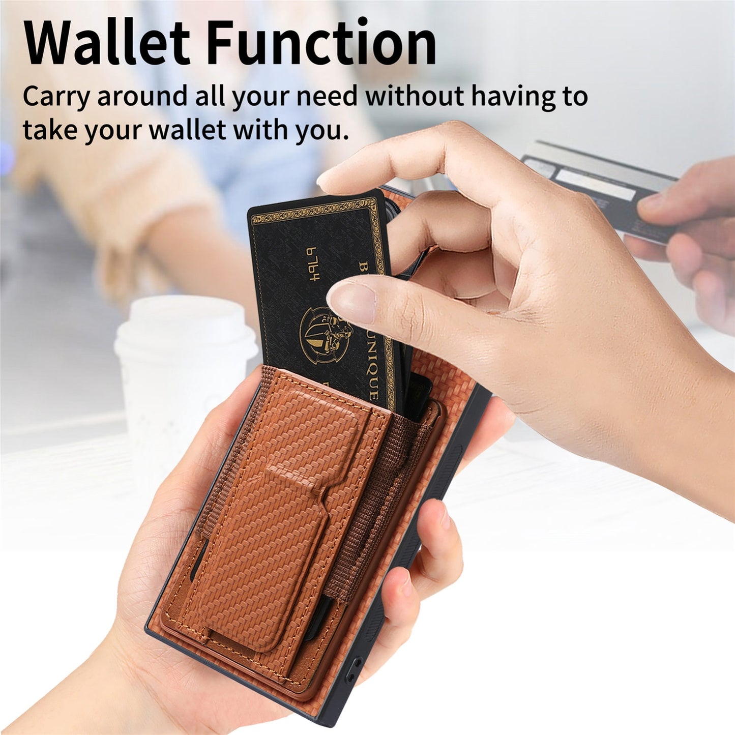Samsung Galaxy S23 Ultra 5G Carbon Fiber Fold Stand Elastic Card Bag Phone Case with Multi-Functional Wallet