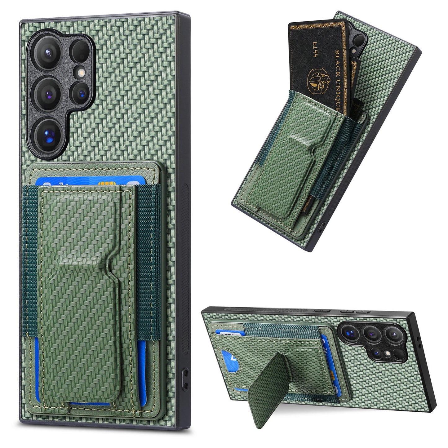 Samsung Galaxy S23 Ultra 5G Carbon Fiber Fold Stand Elastic Card Bag Phone Case with Multi-Functional Wallet