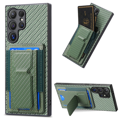 Samsung Galaxy S23 Ultra 5G Carbon Fiber Fold Stand Elastic Card Bag Phone Case with Multi-Functional Wallet