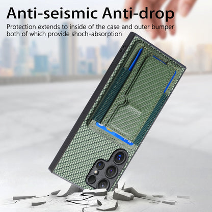 Samsung Galaxy S23 Ultra 5G Carbon Fiber Fold Stand Elastic Card Bag Phone Case with Multi-Functional Wallet