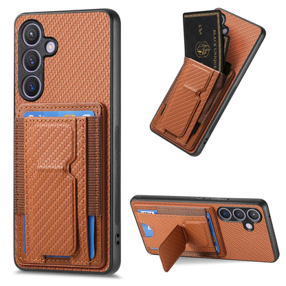 Samsung Galaxy S23+ 5G Carbon Fiber Fold Stand Elastic Card Bag Phone Case with Multi-Functional Wallet