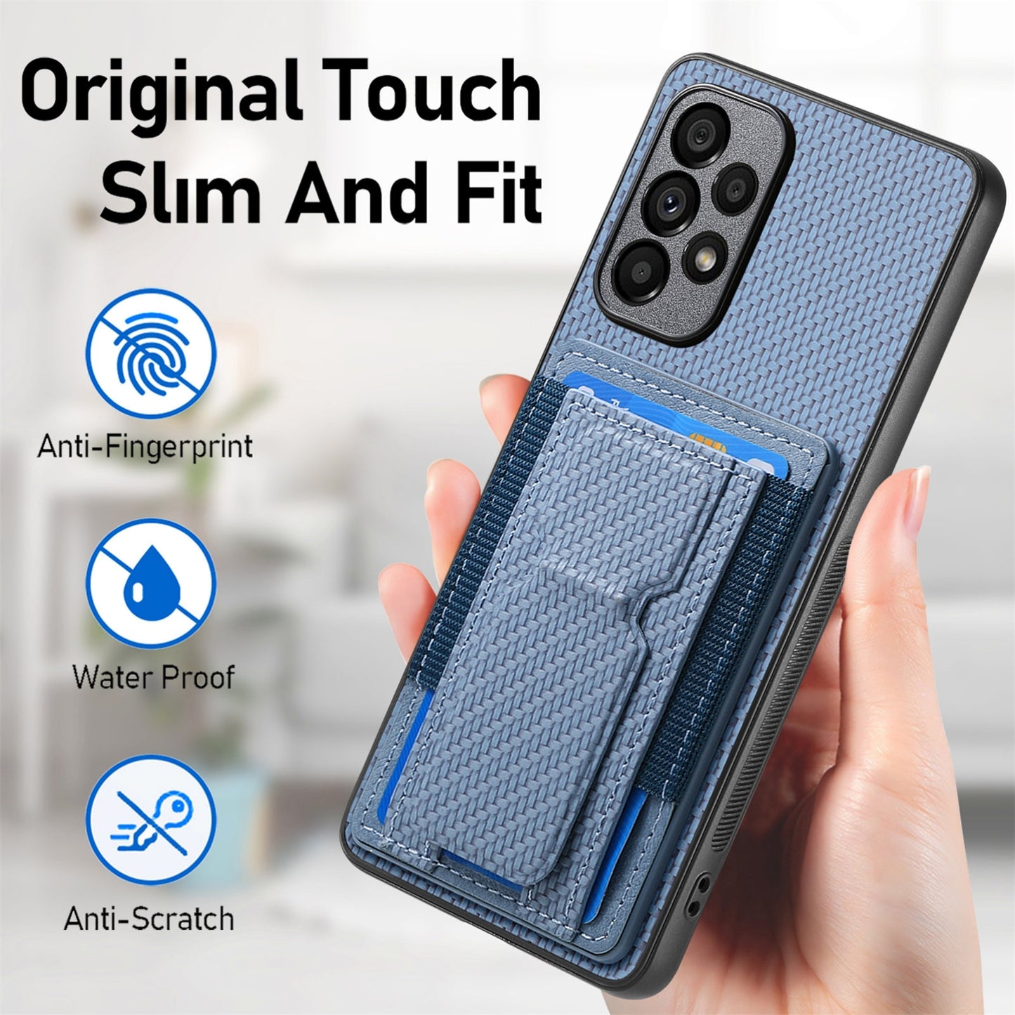 Samsung Galaxy A73 5G Carbon Fiber Fold Stand Elastic Card Bag Phone Case with Multi-Functional Wallet