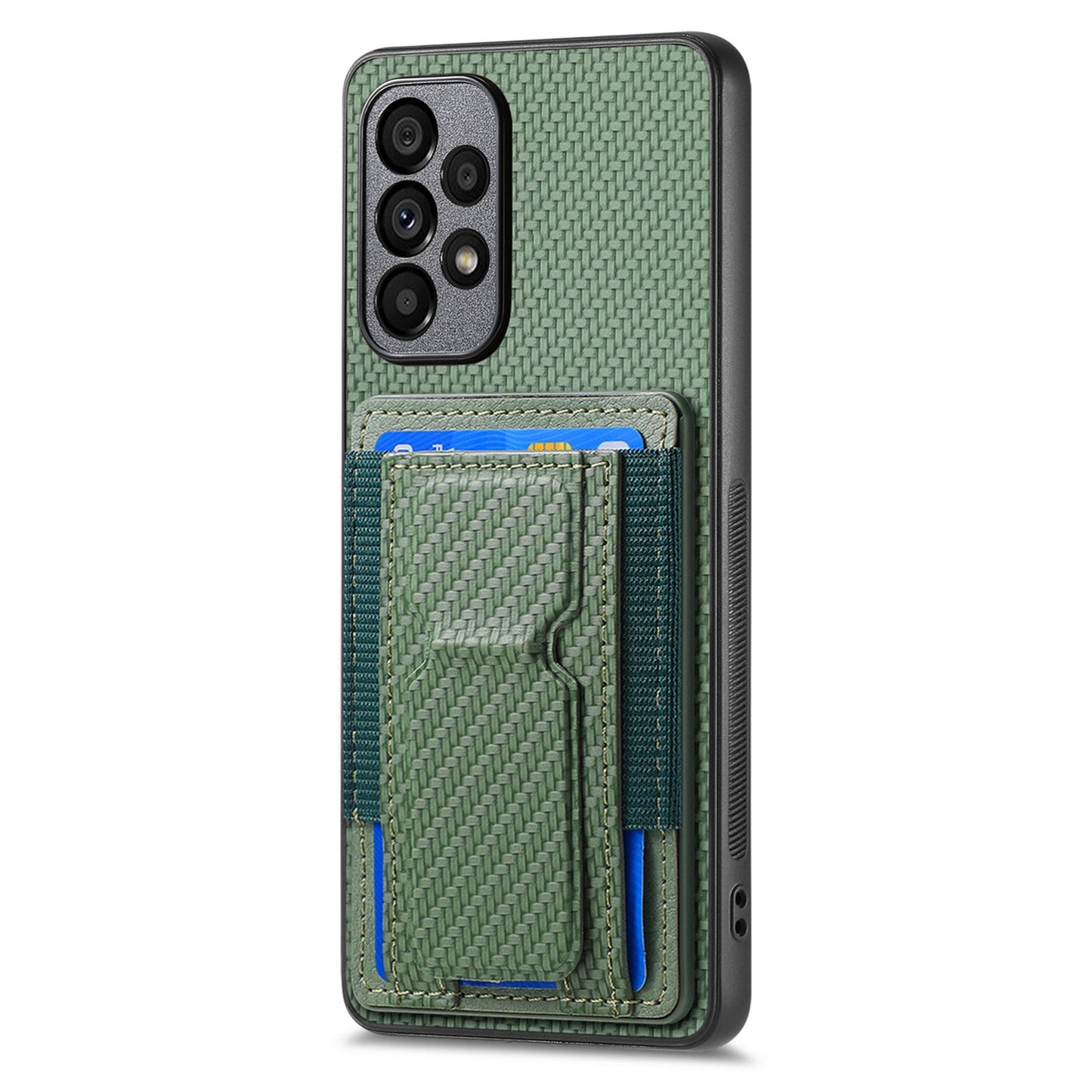 Samsung Galaxy A73 5G Carbon Fiber Fold Stand Elastic Card Bag Phone Case with Multi-Functional Wallet