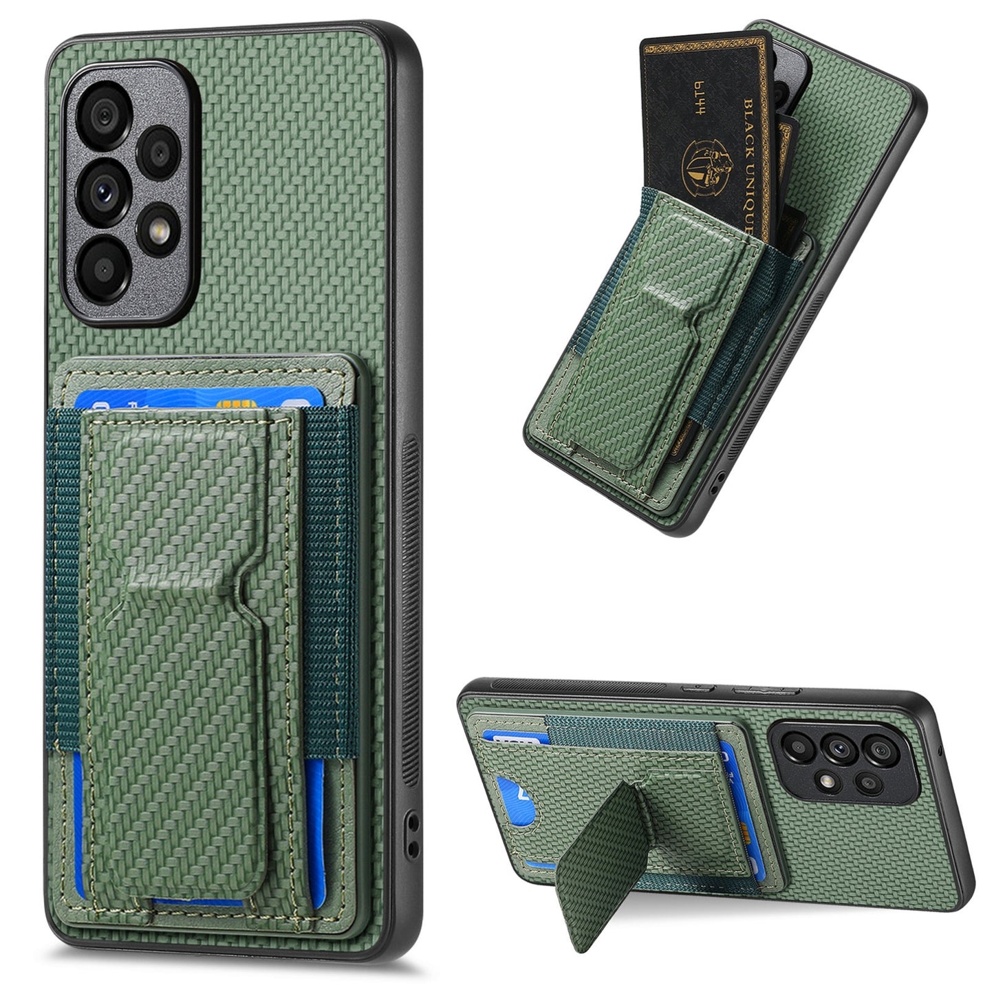 Samsung Galaxy A33 5G Carbon Fiber Fold Stand Elastic Card Bag Phone Case with Multi-Functional Wallet