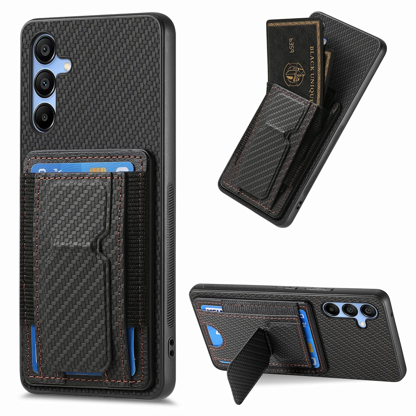 Samsung Galaxy A13 4G Carbon Fiber Fold Stand Elastic Card Bag Phone Case with Multi-Functional Wallet