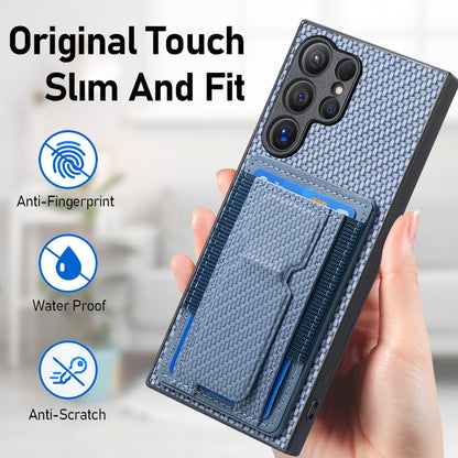 Samsung Galaxy S22 Ultra 5G Carbon Fiber Fold Stand Elastic Card Bag Phone Case with Multi-Functional Wallet