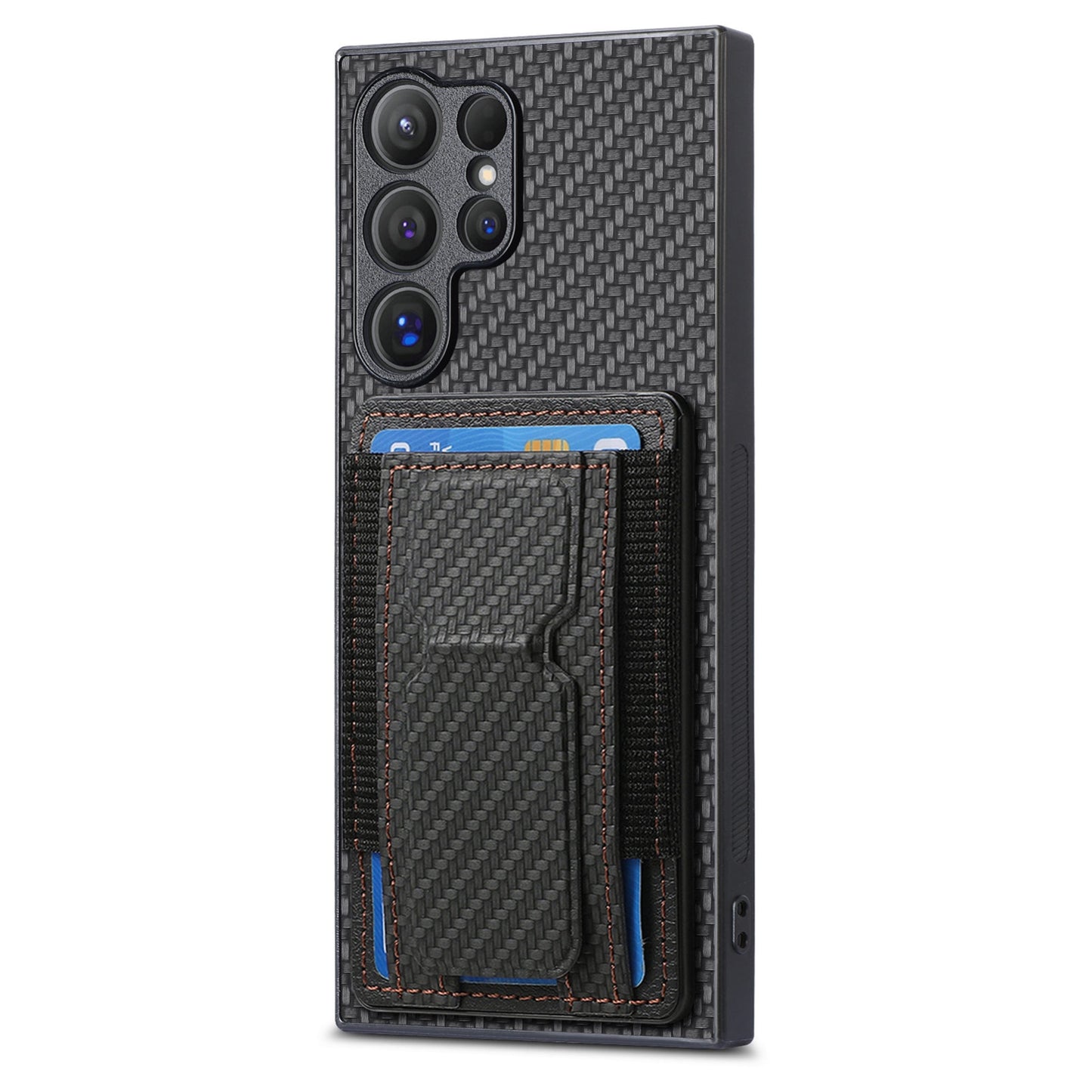 Samsung Galaxy S22 Ultra 5G Carbon Fiber Fold Stand Elastic Card Bag Phone Case with Multi-Functional Wallet