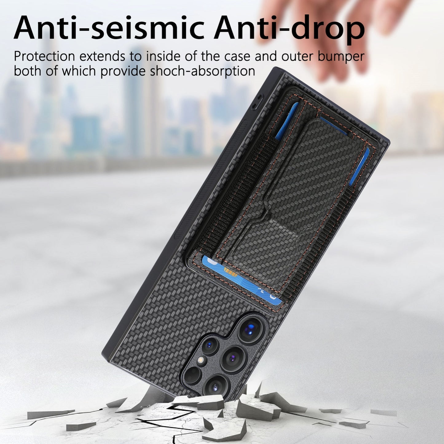 Samsung Galaxy S22 Ultra 5G Carbon Fiber Fold Stand Elastic Card Bag Phone Case with Multi-Functional Wallet