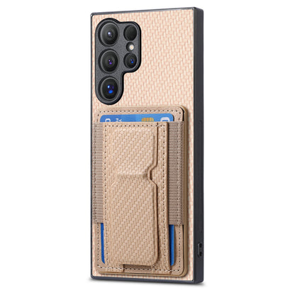 Samsung Galaxy S22 Ultra 5G Carbon Fiber Fold Stand Elastic Card Bag Phone Case with Multi-Functional Wallet