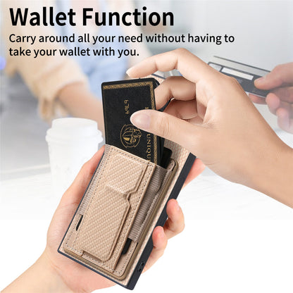 Samsung Galaxy S22 Ultra 5G Carbon Fiber Fold Stand Elastic Card Bag Phone Case with Multi-Functional Wallet