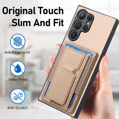 Samsung Galaxy S22 Ultra 5G Carbon Fiber Fold Stand Elastic Card Bag Phone Case with Multi-Functional Wallet