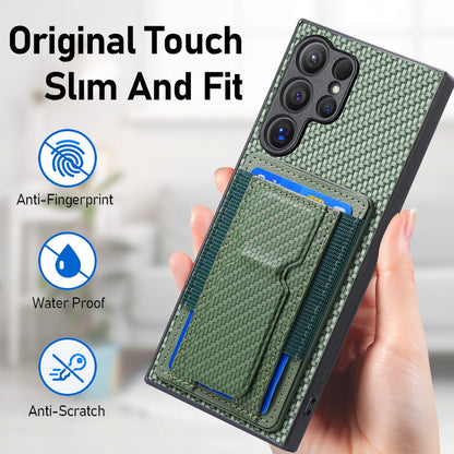 Samsung Galaxy S22 Ultra 5G Carbon Fiber Fold Stand Elastic Card Bag Phone Case with Multi-Functional Wallet