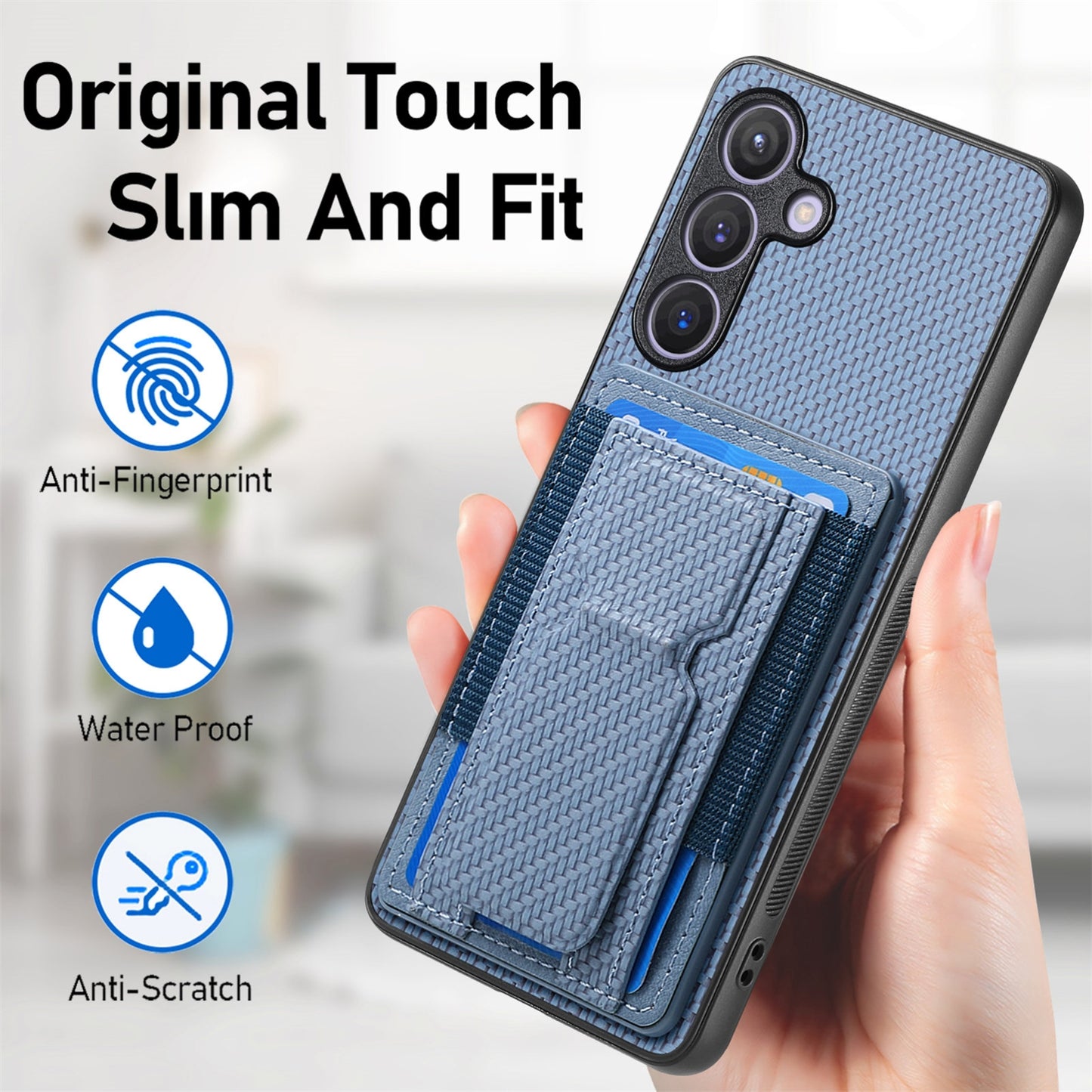 Samsung Galaxy S22+ 5G Carbon Fiber Fold Stand Elastic Card Bag Phone Case with Multi-Functional Wallet