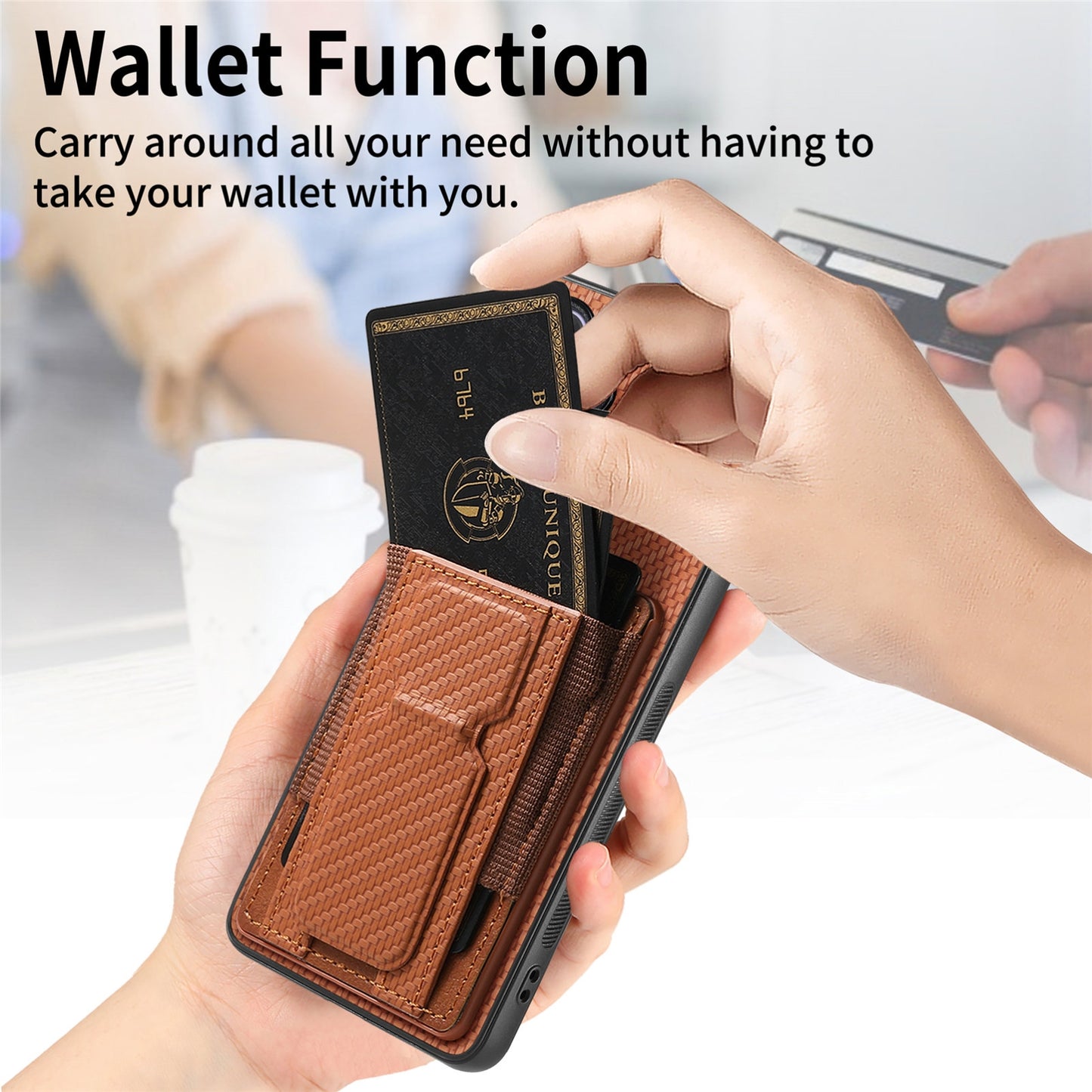 Samsung Galaxy S22 5G Carbon Fiber Fold Stand Elastic Card Bag Phone Case with Multi-Functional Wallet