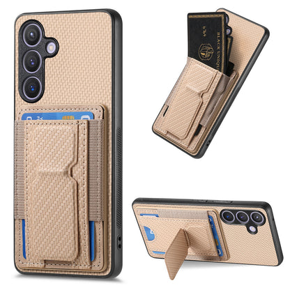 Samsung Galaxy S22 5G Carbon Fiber Fold Stand Elastic Card Bag Phone Case with Multi-Functional Wallet