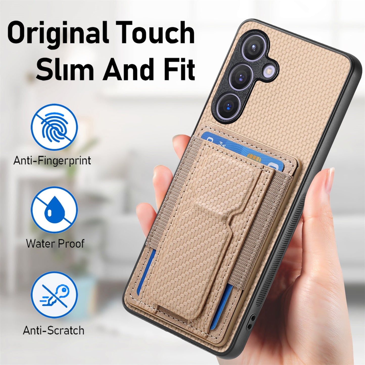 Samsung Galaxy S22 5G Carbon Fiber Fold Stand Elastic Card Bag Phone Case with Multi-Functional Wallet
