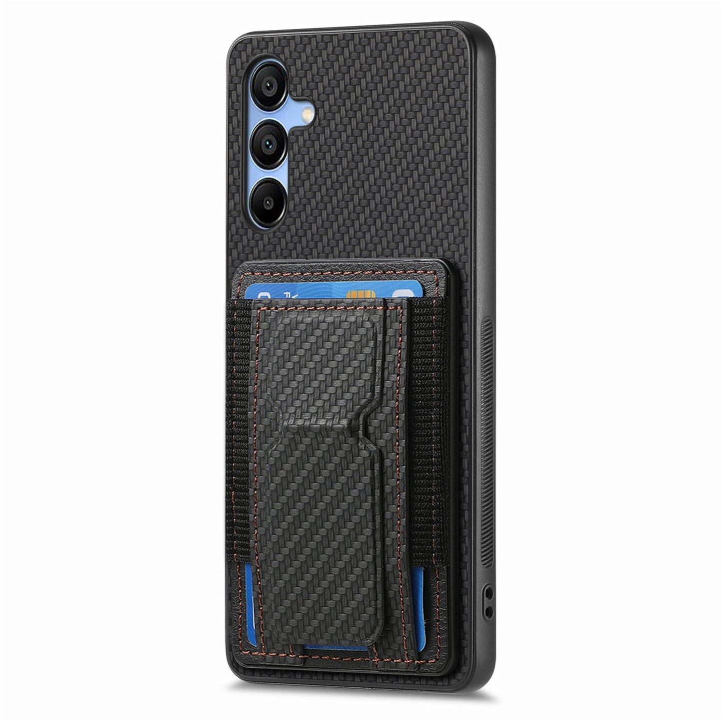 Samsung Galaxy A13 5G Carbon Fiber Fold Stand Elastic Card Bag Phone Case with Multi-Functional Wallet
