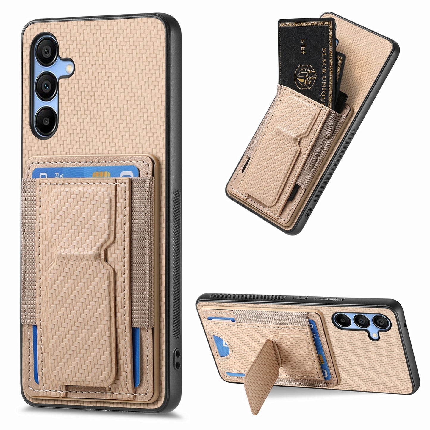 Samsung Galaxy A13 5G Carbon Fiber Fold Stand Elastic Card Bag Phone Case with Multi-Functional Wallet