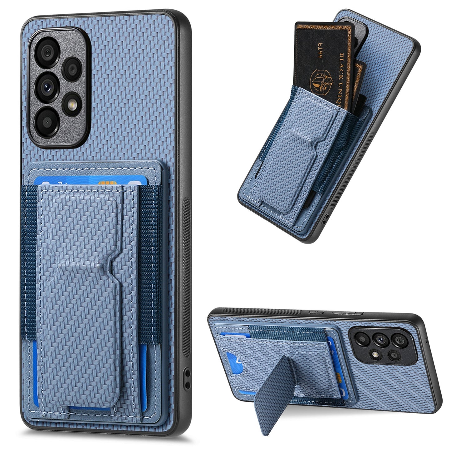 Samsung Galaxy A82 5G Carbon Fiber Fold Stand Elastic Card Bag Phone Case with Multi-Functional Wallet