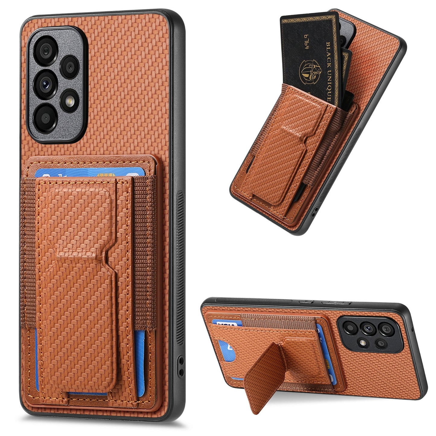 Samsung Galaxy A82 5G Carbon Fiber Fold Stand Elastic Card Bag Phone Case with Multi-Functional Wallet