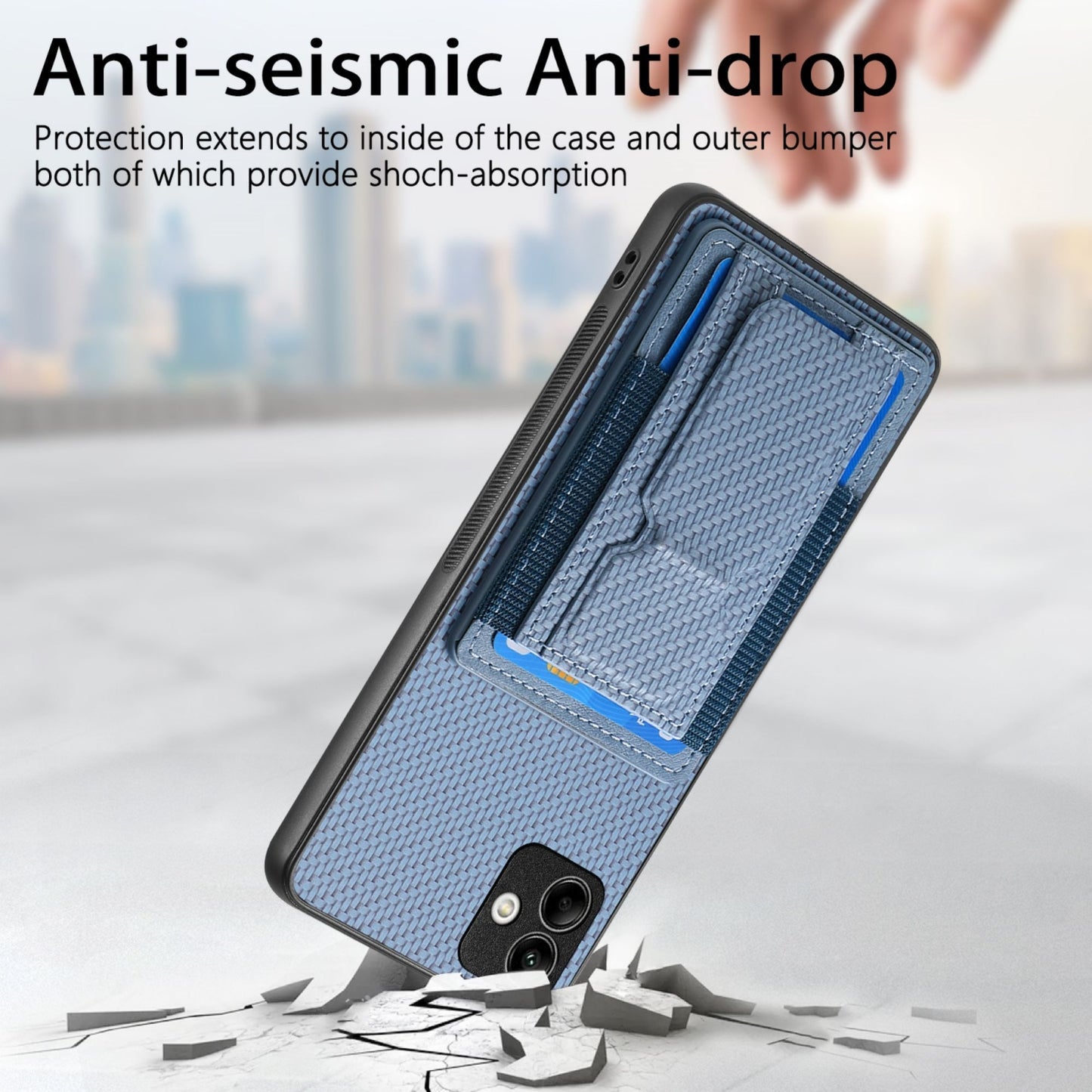 Samsung Galaxy A22 4G Carbon Fiber Fold Stand Elastic Card Bag Phone Case with Multi-Functional Wallet