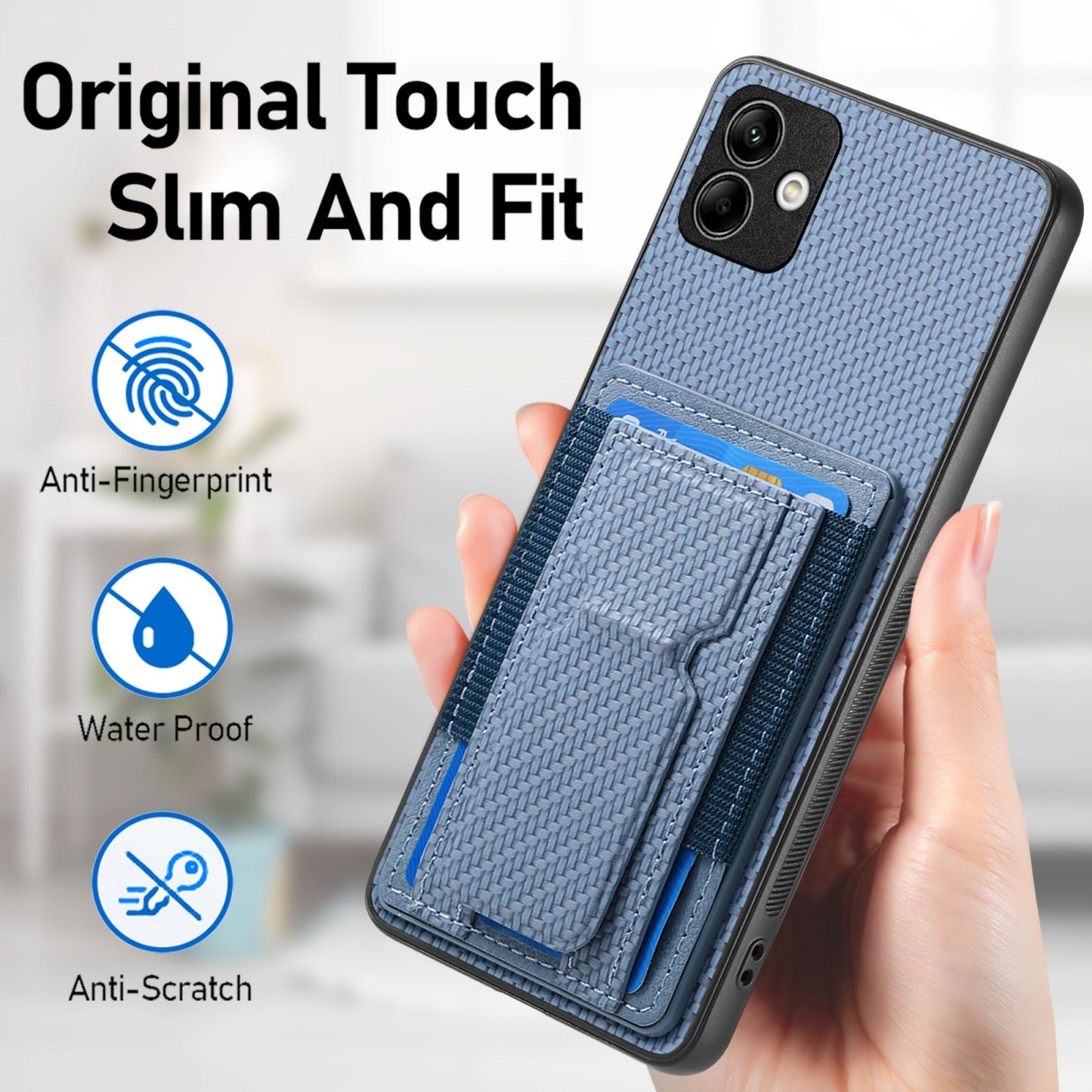 Samsung Galaxy A22 5G Carbon Fiber Fold Stand Elastic Card Bag Phone Case with Multi-Functional Wallet