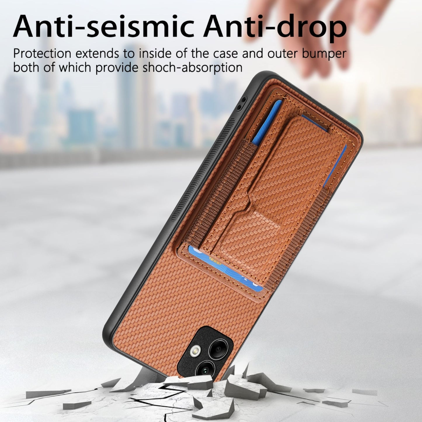 Samsung Galaxy A22 5G Carbon Fiber Fold Stand Elastic Card Bag Phone Case with Multi-Functional Wallet