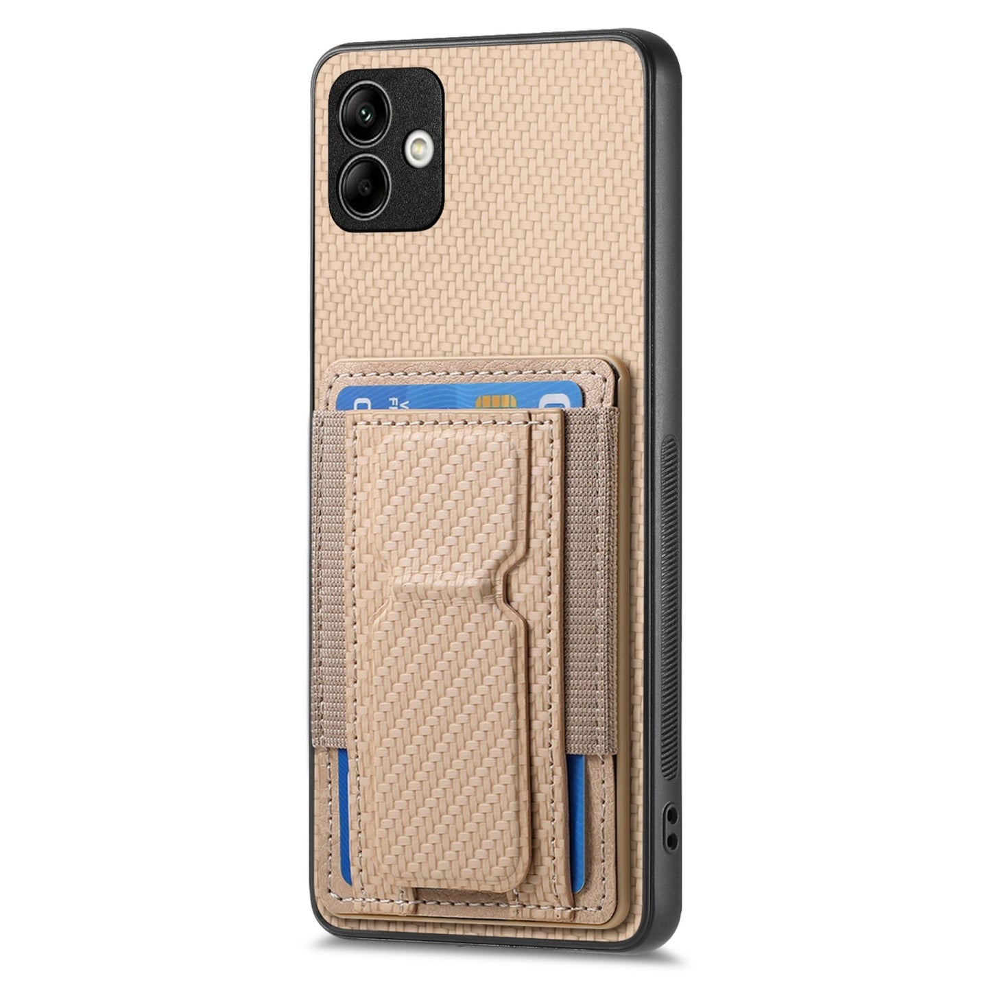 Samsung Galaxy A22 5G Carbon Fiber Fold Stand Elastic Card Bag Phone Case with Multi-Functional Wallet