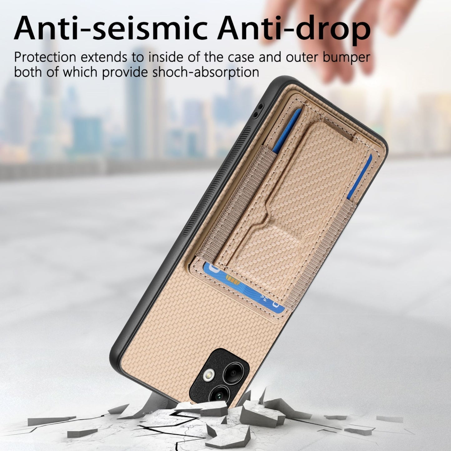 Samsung Galaxy A22 5G Carbon Fiber Fold Stand Elastic Card Bag Phone Case with Multi-Functional Wallet