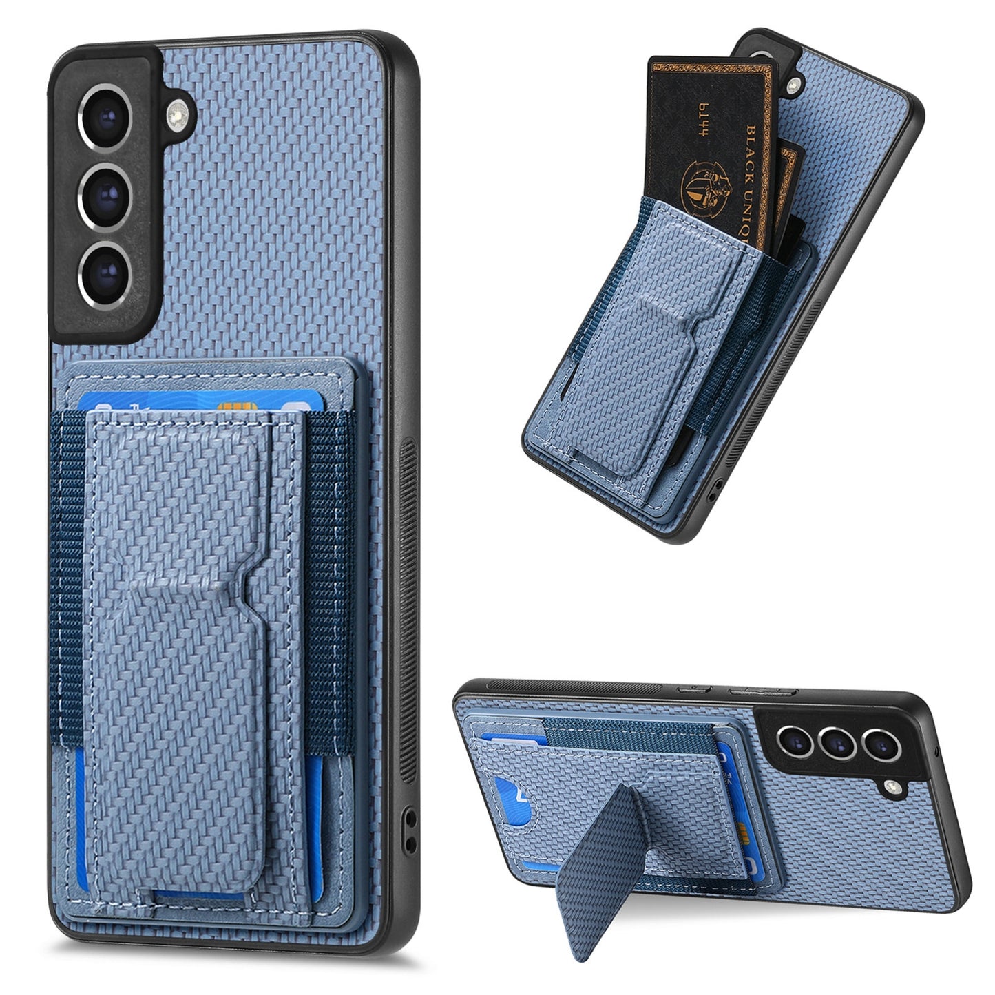Samsung Galaxy S21 FE 5G Carbon Fiber Fold Stand Elastic Card Bag Phone Case with Multi-Functional Wallet