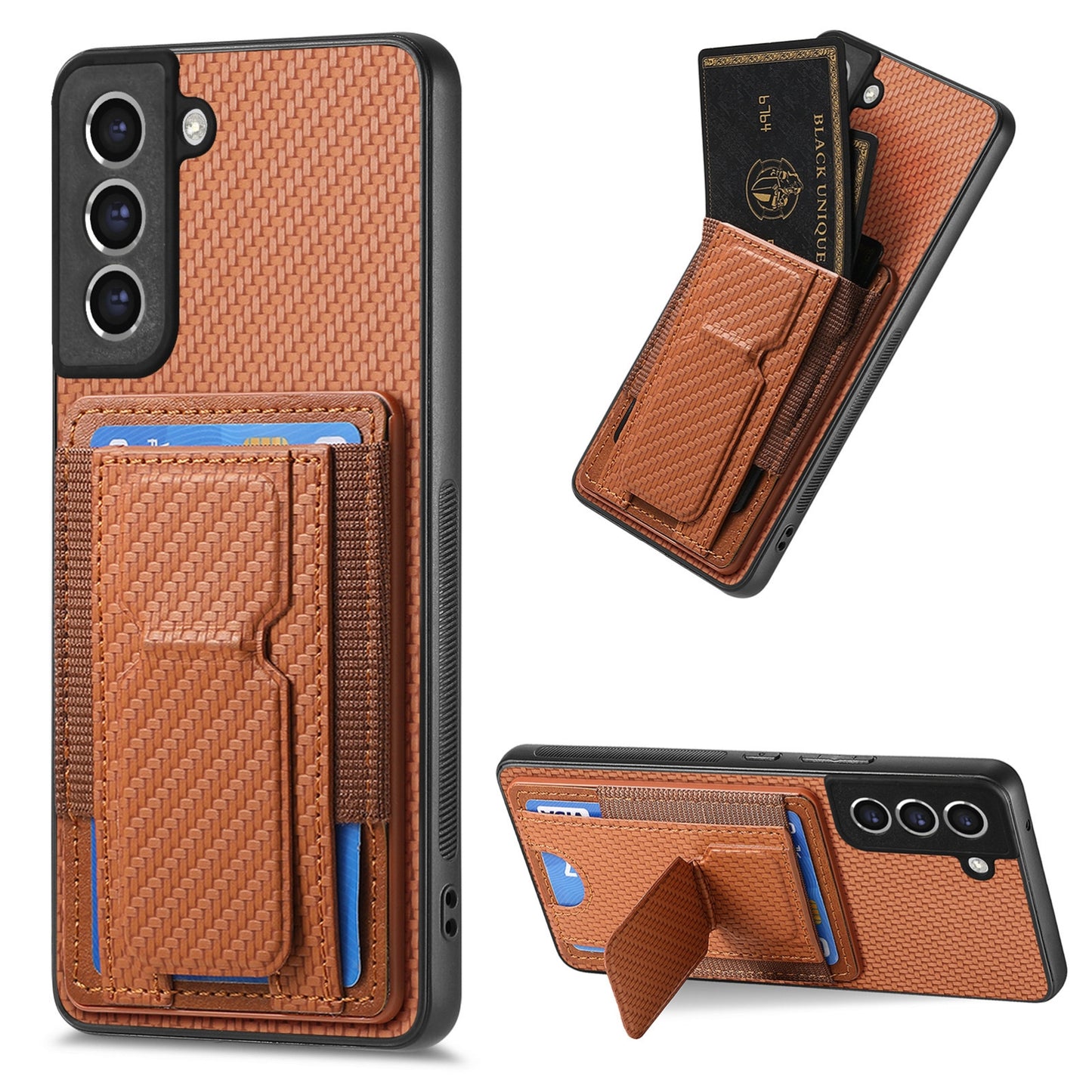 Samsung Galaxy S21 FE 5G Carbon Fiber Fold Stand Elastic Card Bag Phone Case with Multi-Functional Wallet