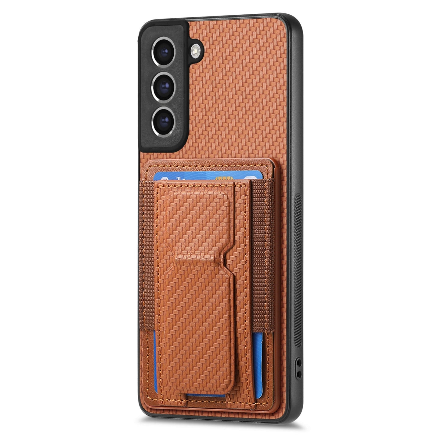 Samsung Galaxy S21 FE 5G Carbon Fiber Fold Stand Elastic Card Bag Phone Case with Multi-Functional Wallet