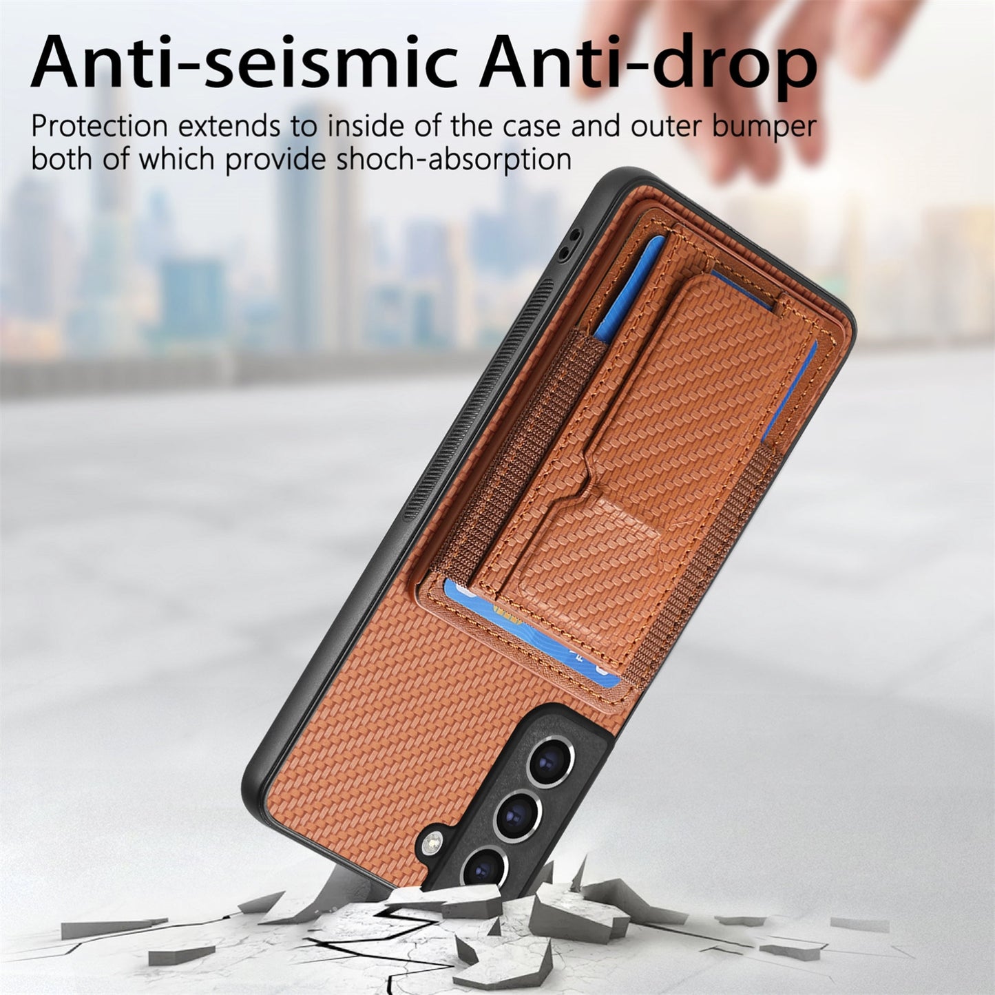 Samsung Galaxy S21 FE 5G Carbon Fiber Fold Stand Elastic Card Bag Phone Case with Multi-Functional Wallet