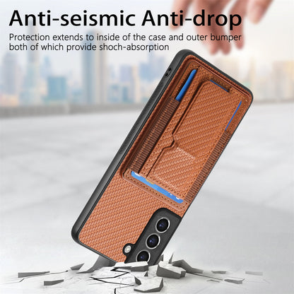Samsung Galaxy S21 FE 5G Carbon Fiber Fold Stand Elastic Card Bag Phone Case with Multi-Functional Wallet