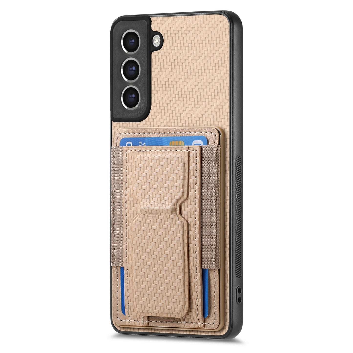 Samsung Galaxy S21 FE 5G Carbon Fiber Fold Stand Elastic Card Bag Phone Case with Multi-Functional Wallet